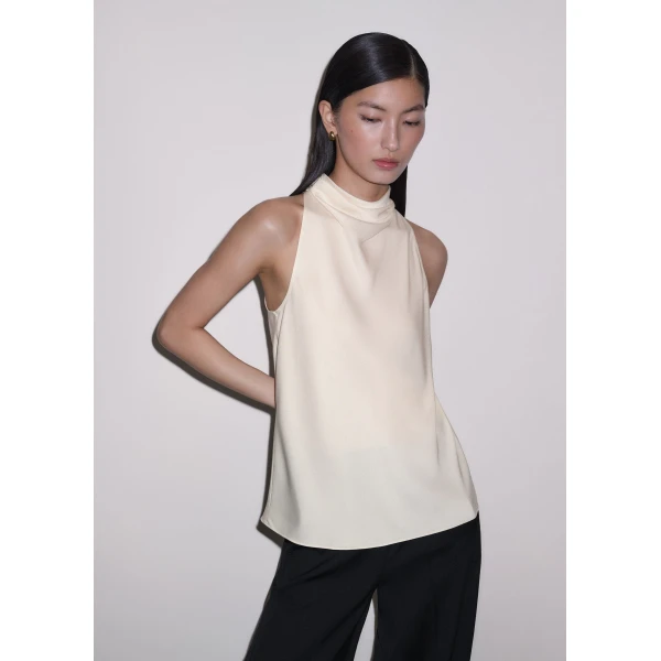 ME+EM Drape Neck Halter Top in Light Cream, view 2 | Tops | Luxury Shoes 