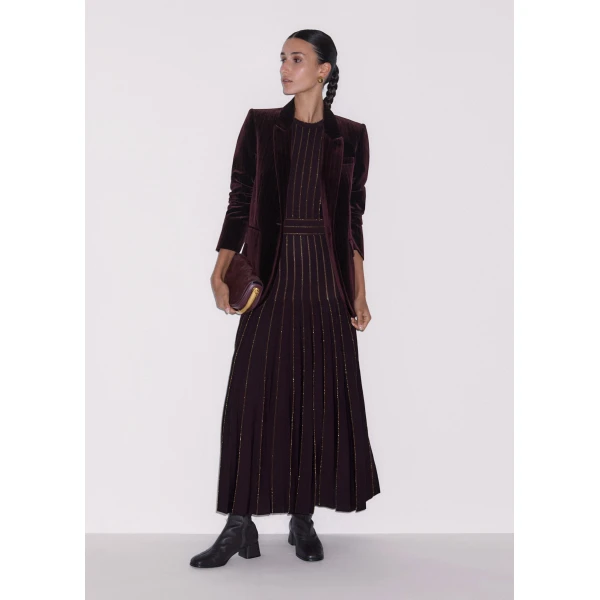ME+EM Fit + Flare Knit Maxi Dress in Port Brown/Gold, view 4 | Maxi Dresses | Luxury Shoes 