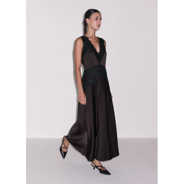 ME+EM Fit + Flare Maxi Slip Dress in Dark Chocolate Brown, view 2 | Maxi Dresses | Luxury Shoes 