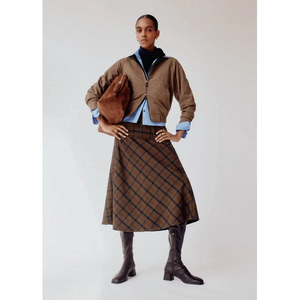 ME+EM Fit + Flare Midi Skirt in Warm Chocolate Multi, view 2 | Midi Skirts | Luxury Shoes 