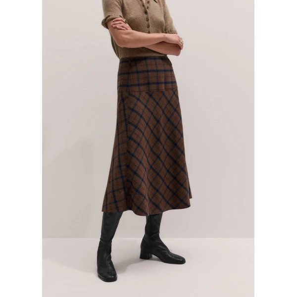 ME+EM Fit + Flare Midi Skirt in Warm Chocolate Multi, view 3 | Midi Skirts | Luxury Shoes 