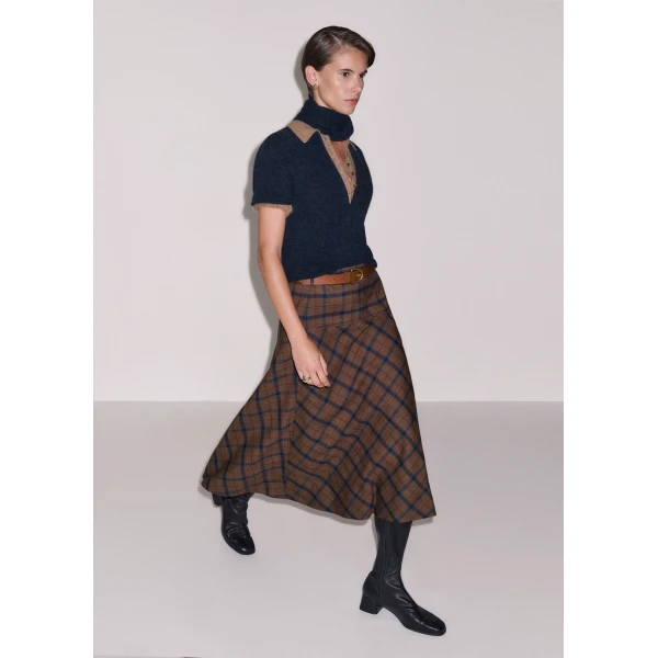 ME+EM Fit + Flare Midi Skirt in Warm Chocolate Multi, view 5 | Midi Skirts | Luxury Shoes 