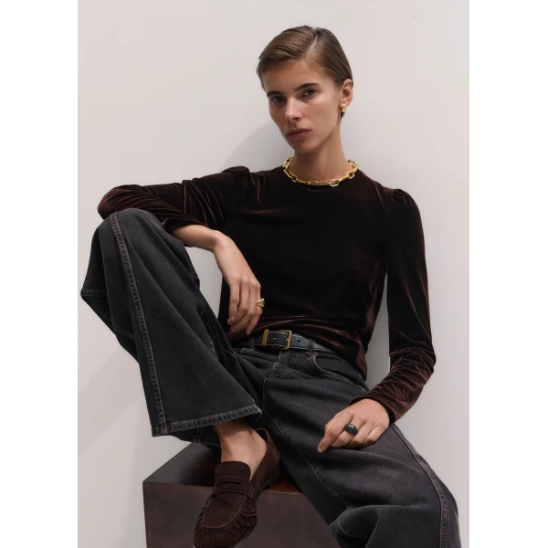 ME+EM Fluid Velour Long Puff Sleeve Top in Dark Chocolate, view 2 | T-shirts | Luxury Shoes 