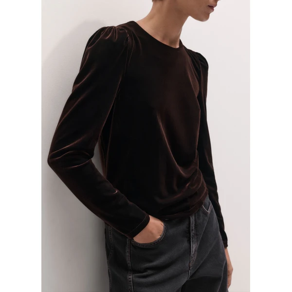 ME+EM Fluid Velour Long Puff Sleeve Top in Dark Chocolate, view 3 | T-shirts | Luxury Shoes 