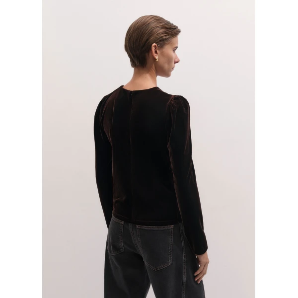 ME+EM Fluid Velour Long Puff Sleeve Top in Dark Chocolate, view 5 | T-shirts | Luxury Shoes 