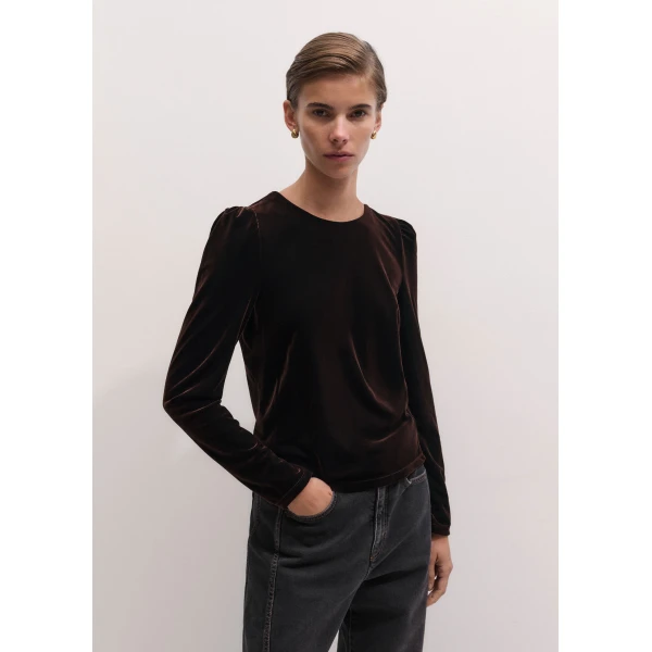 ME+EM Fluid Velour Long Puff Sleeve Top in Dark Chocolate, view 6 | T-shirts | Luxury Shoes 