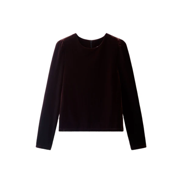 ME+EM Fluid Velour Long Puff Sleeve Top in Dark Chocolate | T-shirts | Luxury Shoes 