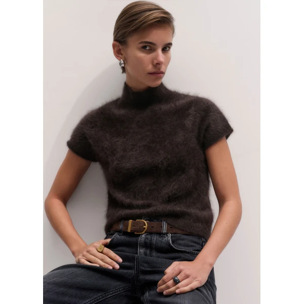 ME+EM High Neck Baby Tee in Dark Chocolate Brown, view 2 | Sweaters | Luxury Shoes 