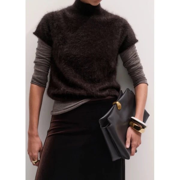 ME+EM High Neck Baby Tee in Dark Chocolate Brown, view 3 | Sweaters | Luxury Shoes 