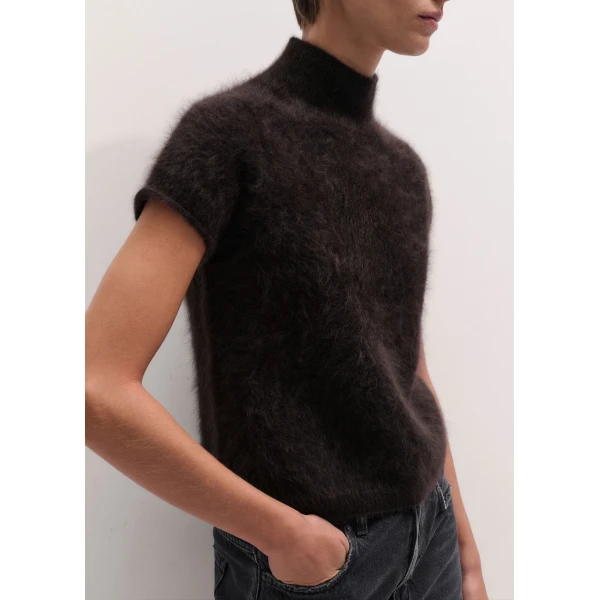 ME+EM High Neck Baby Tee in Dark Chocolate Brown, view 6 | Sweaters | Luxury Shoes 
