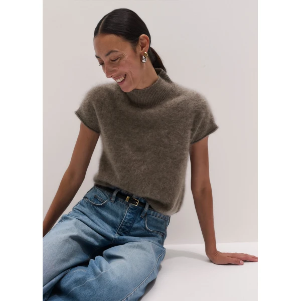 ME+EM High Neck Baby Tee in Heather Brown Mélange, view 2 | T-shirts | Luxury Shoes 