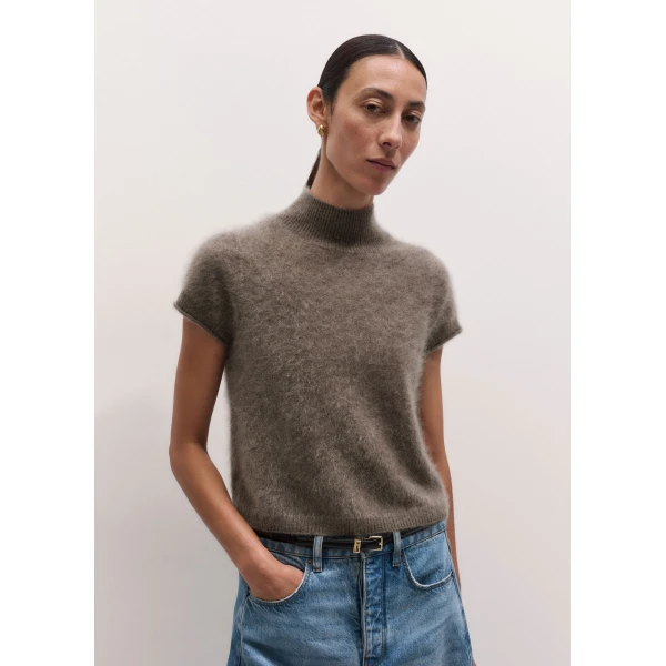 ME+EM High Neck Baby Tee in Heather Brown Mélange, view 5 | T-shirts | Luxury Shoes 