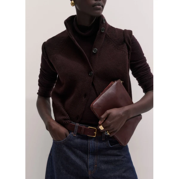 ME+EM High Neck Buttoned Tee in Port Brown