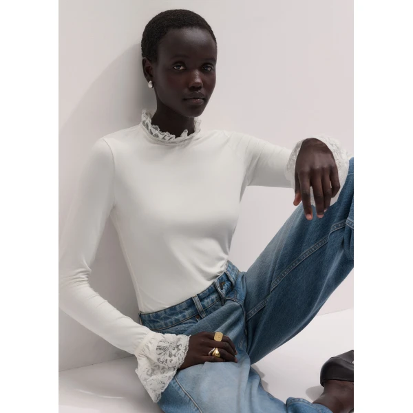 ME+EM Lace Cuff Layering Top in Light Cream, view 2 | Lace | Luxury Shoes 