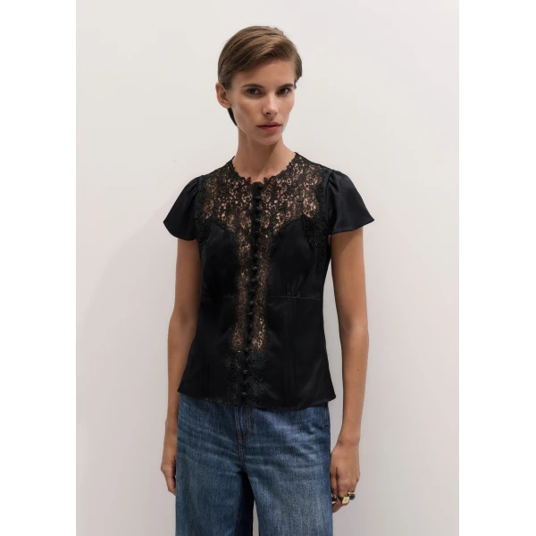 ME+EM Lace Straight Blouse in Black