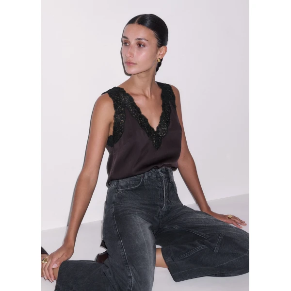 ME+EM Lace Trim Cami Top in Dark Chocolate/Black, view 2 | Tops | Luxury Shoes 