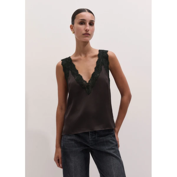 ME+EM Lace Trim Cami Top in Dark Chocolate/Black, view 6 | Tops | Luxury Shoes 
