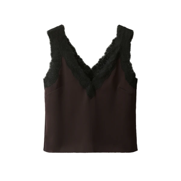 ME+EM Lace Trim Cami Top in Dark Chocolate/Black