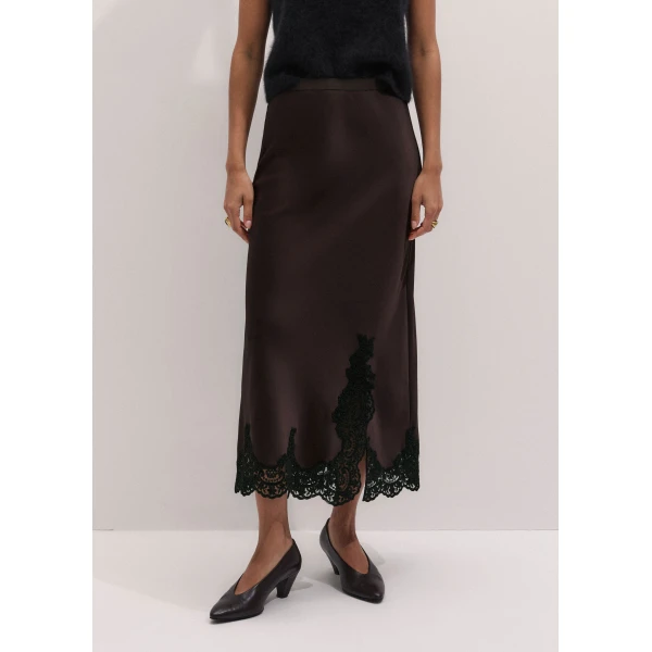 ME+EM Lace Trim Maxi Skirt in Dark Chocolate/Black, view 3 | Maxi Skirts | Luxury Shoes 