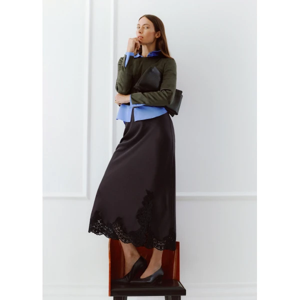 ME+EM Lace Trim Maxi Skirt in Dark Chocolate/Black, view 4 | Maxi Skirts | Luxury Shoes 