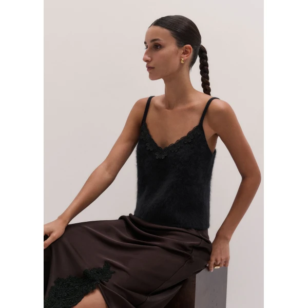 ME+EM Lace Trim Slim Knit Vest in Black, view 2 | Sweaters | Luxury Shoes 
