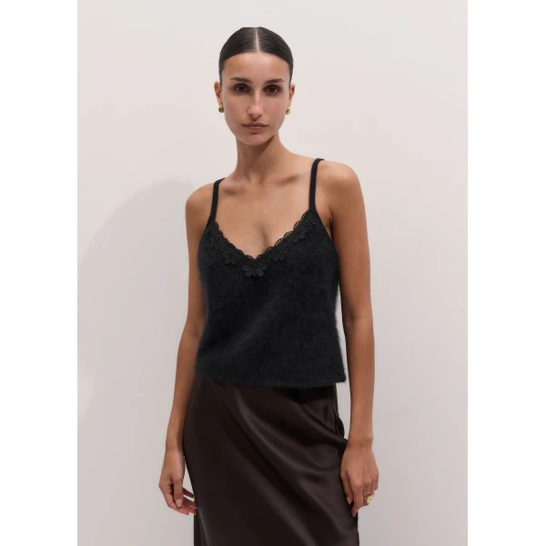 ME+EM Lace Trim Slim Knit Vest in Black, view 6 | Sweaters | Luxury Shoes 