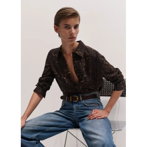 ME+EM Leopard Print Straight Blouse in Brown Multi, view 2 | Blouse | Luxury Shoes 