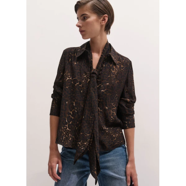 ME+EM Leopard Print Straight Blouse in Brown Multi, view 6 | Blouse | Luxury Shoes 
