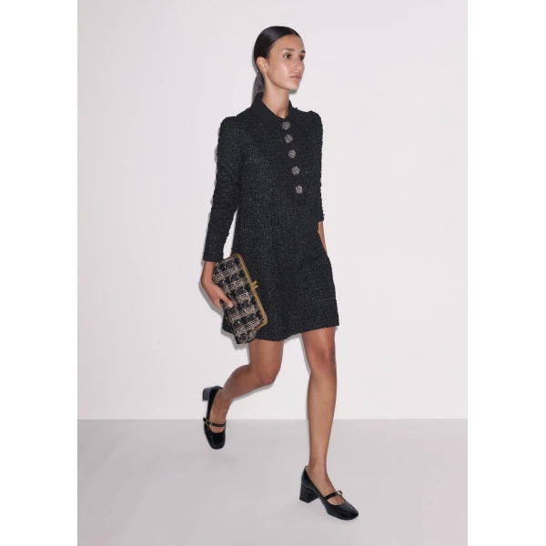 ME+EM Lurex Boucle Statement Button Mini Dress in Black, view 2 | Mini Dresses | Luxury Shoes 