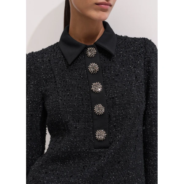 ME+EM Lurex Boucle Statement Button Mini Dress in Black, view 3 | Mini Dresses | Luxury Shoes 