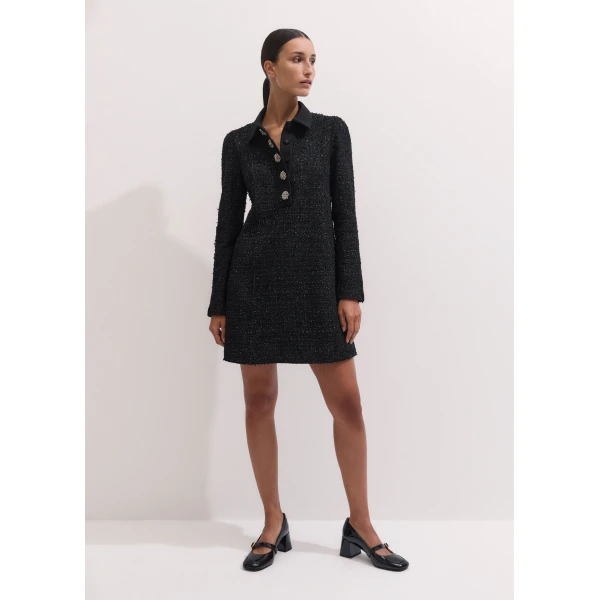 ME+EM Lurex Boucle Statement Button Mini Dress in Black, view 6 | Mini Dresses | Luxury Shoes 