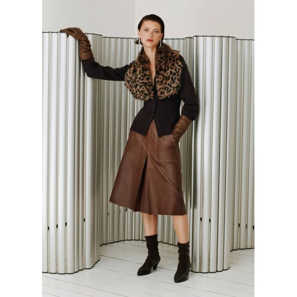 ME+EM Luxe Pleat Midi Skirt in Pecan Brown