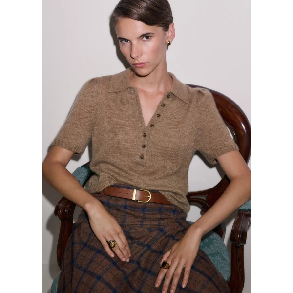 ME+EM Pouf Sleeve Knit Tee in Camel, view 2 | Sweaters | Luxury Shoes 