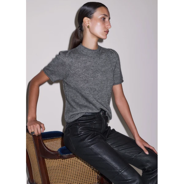 ME+EM Pouf Sleeve Knit Tee in Mid Grey Mélange