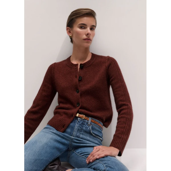 ME+EM Rib Sleeve Cardigan in Pecan Brown Mélange