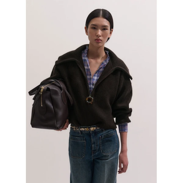 ME+EM Sculptural Zip Jumper in Dark Chocolate, view 2 | Sweaters | Luxury Shoes 
