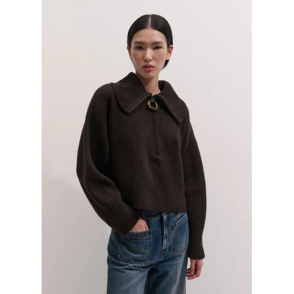 ME+EM Sculptural Zip Jumper in Dark Chocolate, view 5 | Sweaters | Luxury Shoes 