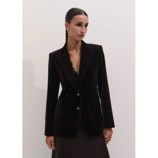 ME+EM Sharp Shoulder Blazer in Dark Chocolate Brown, view 2 | Blazers | Luxury Shoes 