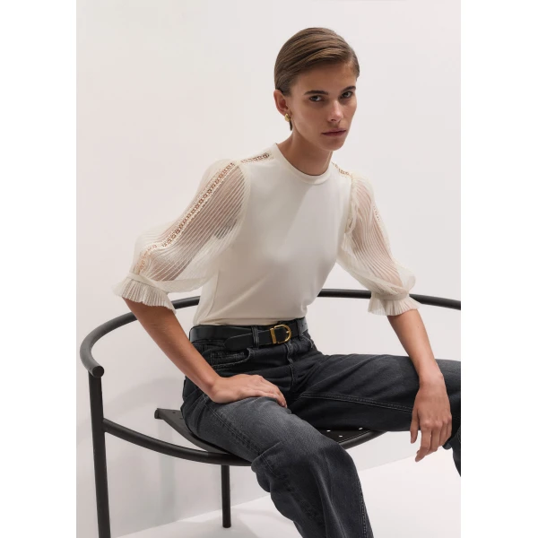 ME+EM Sheer Sleeve Layering Top in Cream, view 2 | T-shirts | Luxury Shoes 
