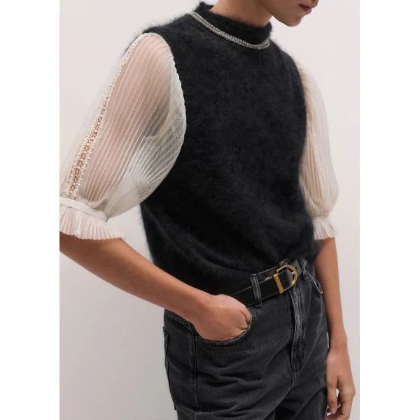 ME+EM Sheer Sleeve Layering Top in Cream, view 3 | T-shirts | Luxury Shoes 
