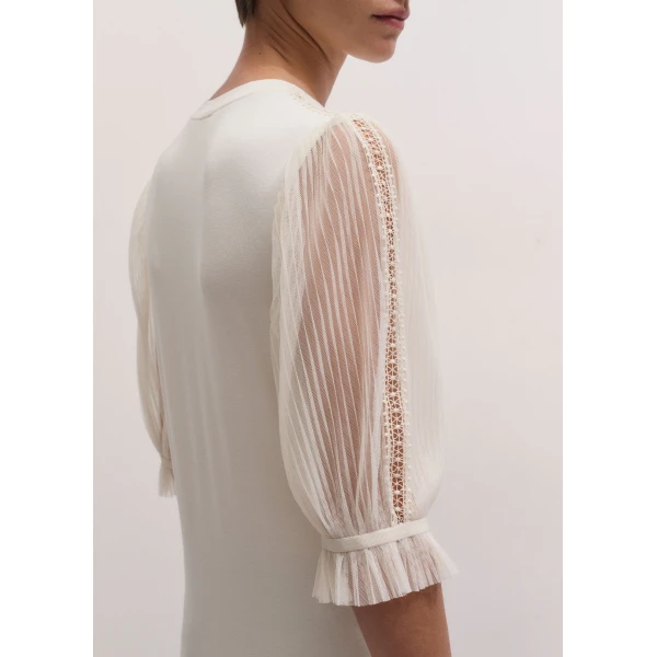 ME+EM Sheer Sleeve Layering Top in Cream, view 4 | T-shirts | Luxury Shoes 
