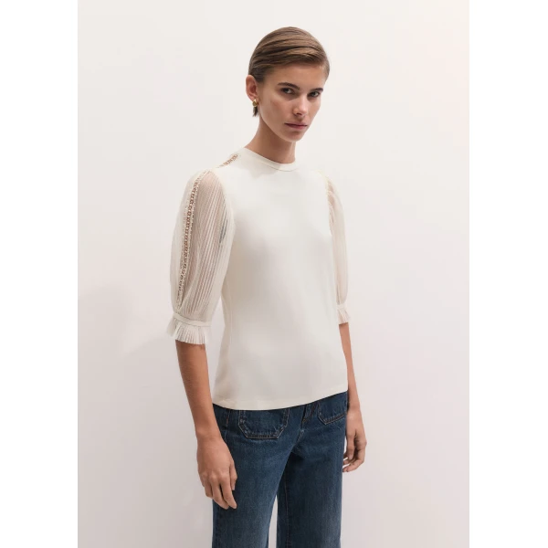 ME+EM Sheer Sleeve Layering Top in Cream, view 6 | T-shirts | Luxury Shoes 