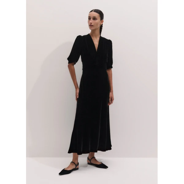 ME+EM Silk-Blend Velvet Fit + Flare Maxi Dress in Black, view 2 | Maxi Dresses | Luxury Shoes 