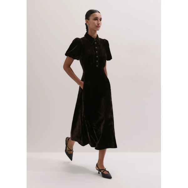ME+EM Silk-Blend Velvet Fit + Flare Midi Dress in Double Espresso, view 2 | Midi Dresses | Luxury Shoes 