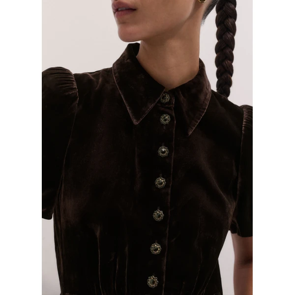 ME+EM Silk-Blend Velvet Fit + Flare Midi Dress in Double Espresso, view 3 | Midi Dresses | Luxury Shoes 