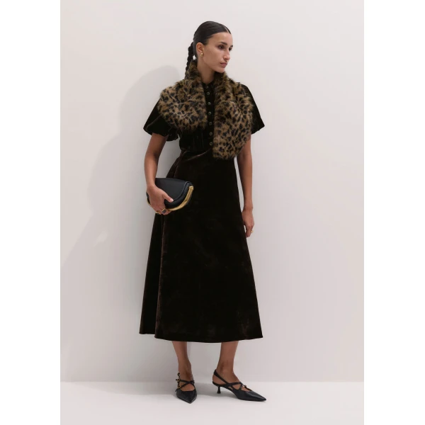 ME+EM Silk-Blend Velvet Fit + Flare Midi Dress in Double Espresso, view 4 | Midi Dresses | Luxury Shoes 