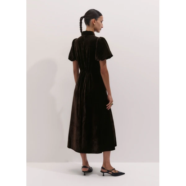 ME+EM Silk-Blend Velvet Fit + Flare Midi Dress in Double Espresso, view 5 | Midi Dresses | Luxury Shoes 