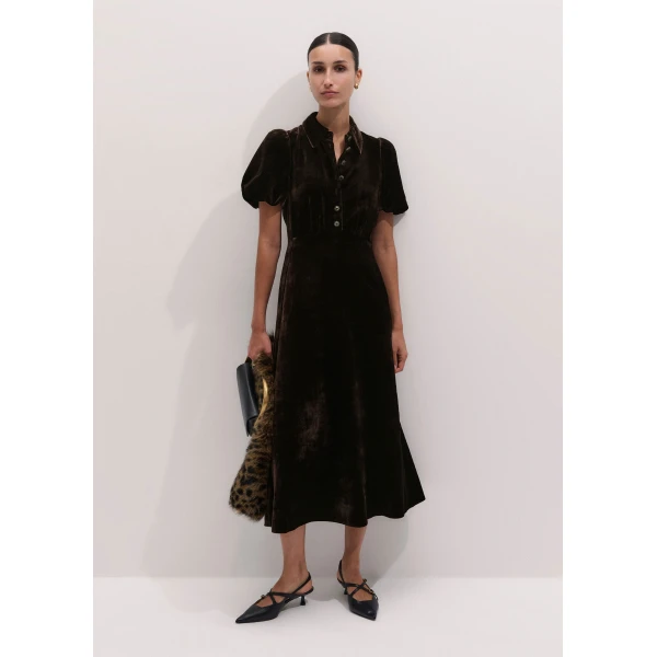 ME+EM Silk-Blend Velvet Fit + Flare Midi Dress in Double Espresso, view 6 | Midi Dresses | Luxury Shoes 