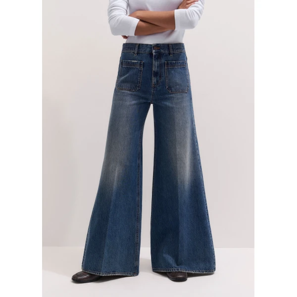 ME+EM Super Wide Flare Jean in Authentic Mid Blue Wash, view 2 | Denim | Luxury Shoes 