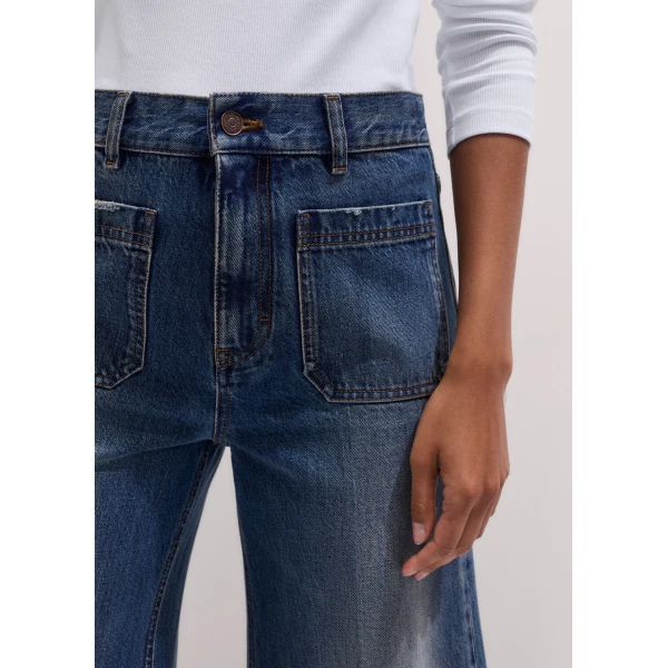 ME+EM Super Wide Flare Jean in Authentic Mid Blue Wash, view 3 | Denim | Luxury Shoes 
